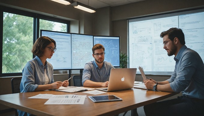 Two team members discussing API best practices in an office setting.