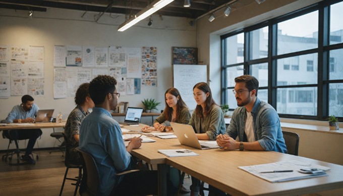 A collaborative team meeting discussing design system components in a creative workspace.