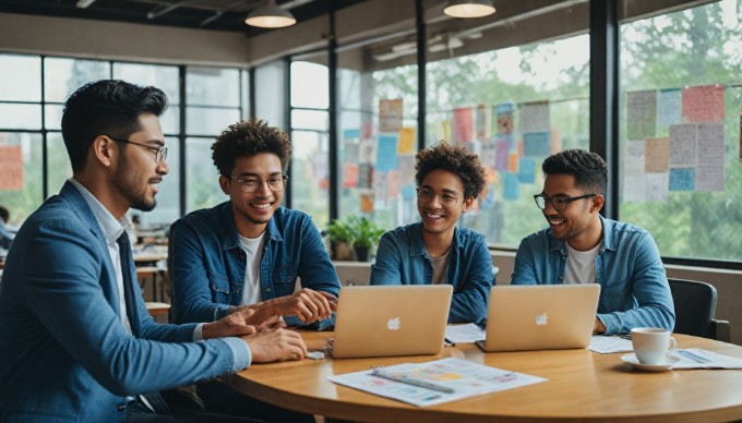 A diverse team discussing eCommerce strategies at a collaborative workspace.