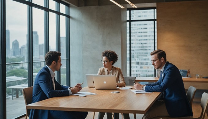 A focused team discussing eCommerce strategies at a modern office workspace.