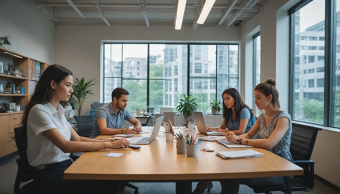 A team of diverse professionals discussing Magento 2.0 features over a laptop in a modern office setting.