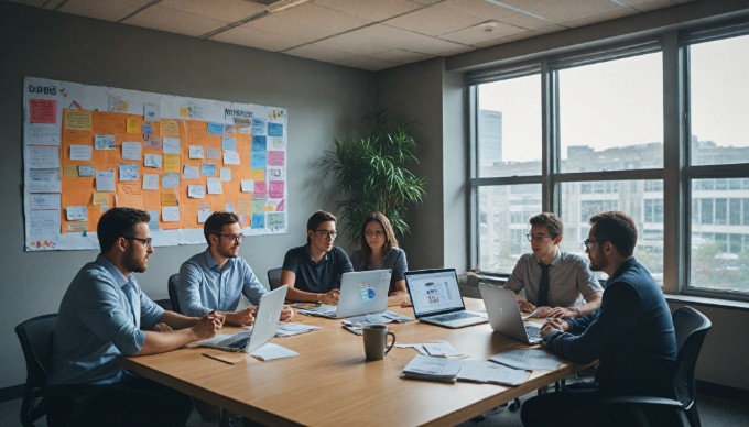 A team discussing Magento speed optimization strategies in a collaborative workspace.