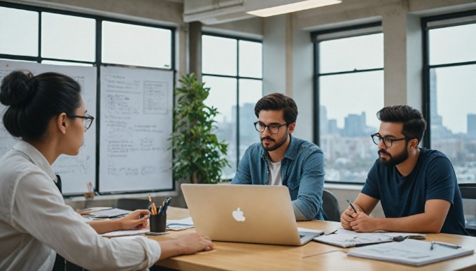 A team of developers discussing web design strategies using Tailwind CSS in a bright workspace.