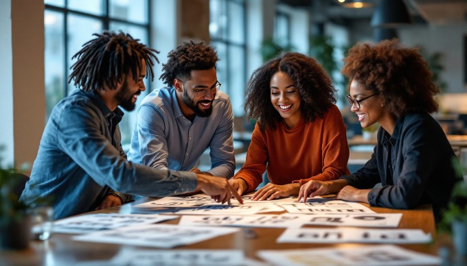 A team discussing typography choices in a collaborative workspace.