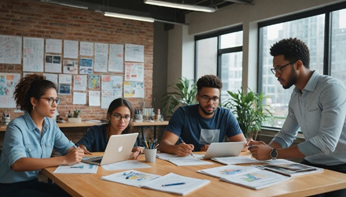 A collaborative team discussing UI design principles in a creative workspace.