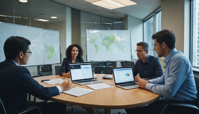 A professional team discussing website strategies in an office setting.