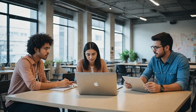 A team discussing WordPress plugin features on a laptop in a collaborative workspace.