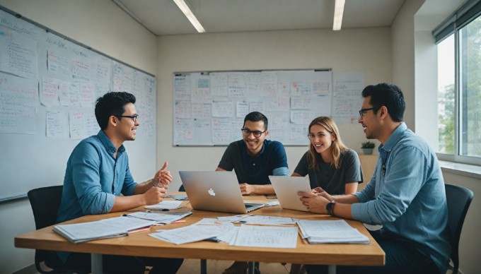 A team of developers discussing XHTML standards in a collaborative office space.