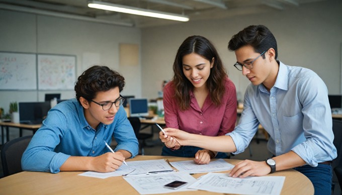 A team discussion about mobile app development in a collaborative office setting.