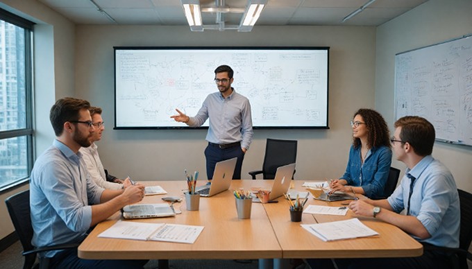 A collaborative team discussion about GUI testing tools in a professional workspace.