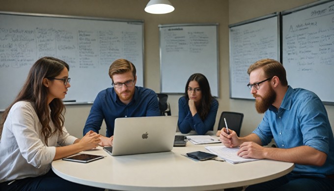 A team discussion on iOS development in a bright meeting room.