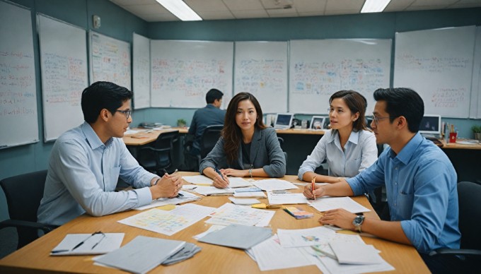 A diverse group of colleagues discussing a project in a bright, contemporary office environment.