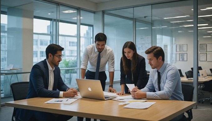 A team of diverse professionals discussing software architecture in a modern office space.