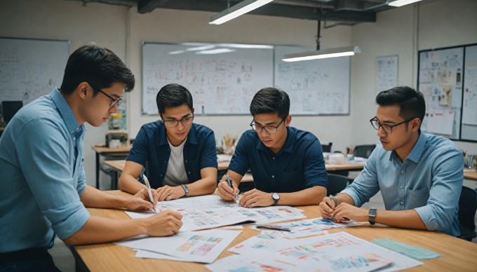 A diverse team gathered around a table, reviewing a prototype and providing feedback in a creative workspace.