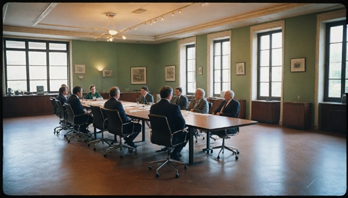 A team of professionals discussing ideas around a conference table, showcasing a mix of casual and formal attire with pops of color in their clothing. The room is bright and inviting, filled with natural light.