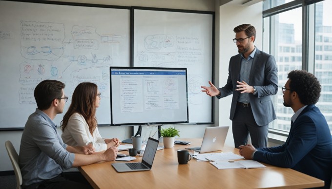 A team meeting discussing lazy loading strategies in a bright conference room.