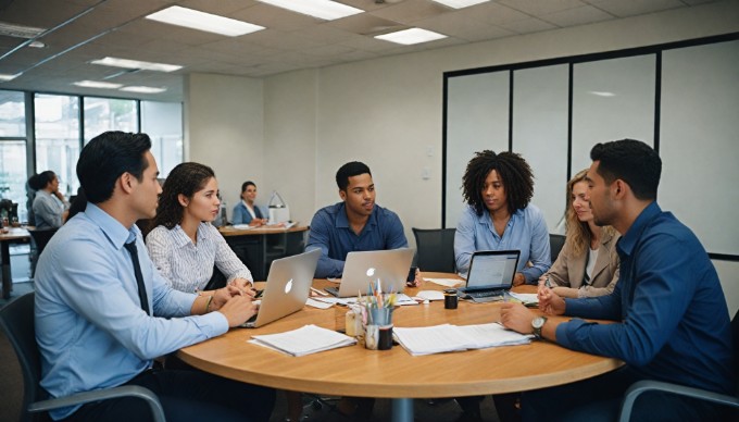 A team meeting in a stylish office, featuring people of various ethnicities discussing ideas with colorful attire.