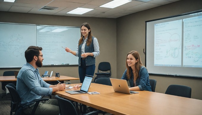 A collaborative team meeting discussing native mobile app features in a bright conference room.