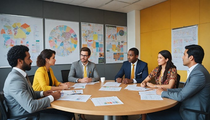 A vibrant office meeting with a multicultural team discussing strategies, featuring casual and formal attire.