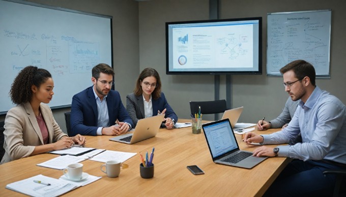 A team meeting discussing the benefits of Progressive Web Apps, with a diverse group of professionals engaged in conversation around a conference table.