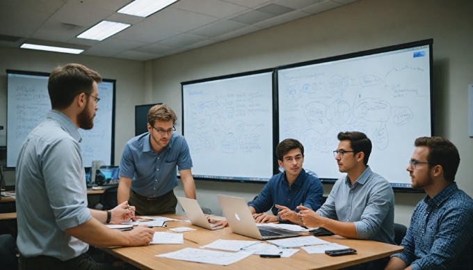 A team meeting discussing serverless architecture in a collaborative workspace with digital displays.