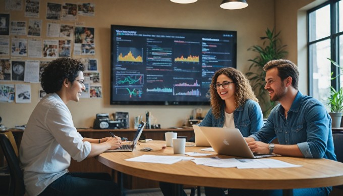 A collaborative team meeting in a tech workspace.