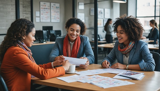 A team of colleagues working together at a desk, showcasing teamwork and creativity in a vibrant office environment.