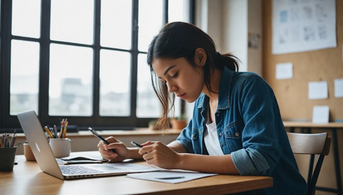 A focused individual testing a mobile app on a smartphone in a contemporary workspace.