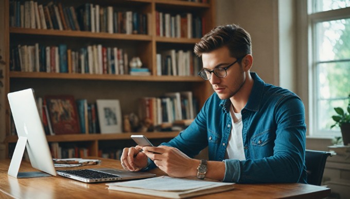 A person testing a responsive website on a mobile device in a cozy workspace.