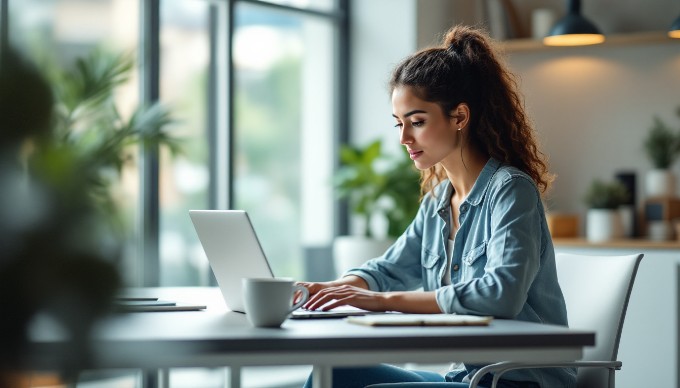 A person testing website accessibility features on a laptop in a bright office space.