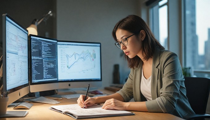 A focused designer analyzing UI elements on a computer screen in a modern office setting.