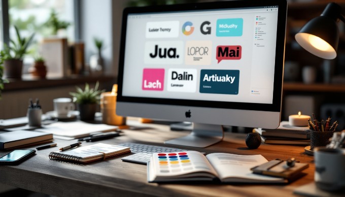 A close-up of a digital design workspace showing typography and color palettes used for UI design.