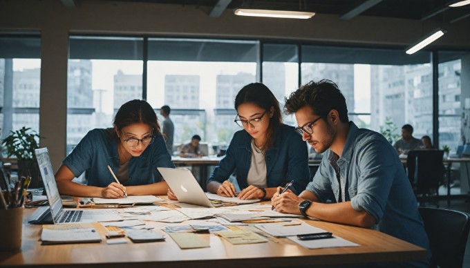 A UI designer collaborating with a UX designer at a modern office desk, reviewing design prototypes on a laptop with sketches and design tools scattered around.