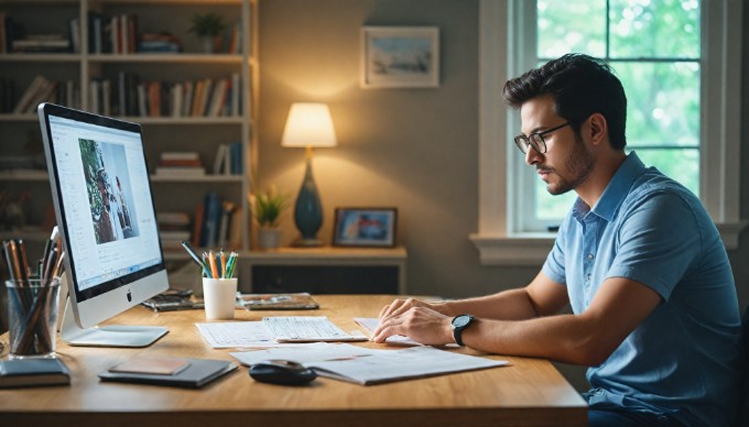 A professional UI designer working on a design project at a well-organized home office, surrounded by multiple screens displaying design software.