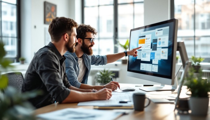 A team of diverse professionals collaborating on a user interface design project in a modern office setting, surrounded by design tools and a computer screen displaying wireframes.