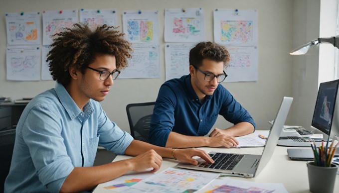 A UI designer and a UX researcher collaborating on a project at a modern office desk with design tools and sketches.