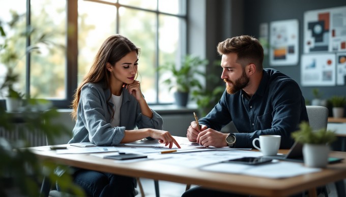 A professional work environment showcasing a diverse team collaborating on UI/UX design with computers and design tools.