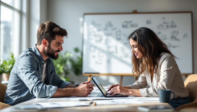 A UX designer conducting a usability test with a user, analyzing feedback on a digital prototype in a bright workspace.