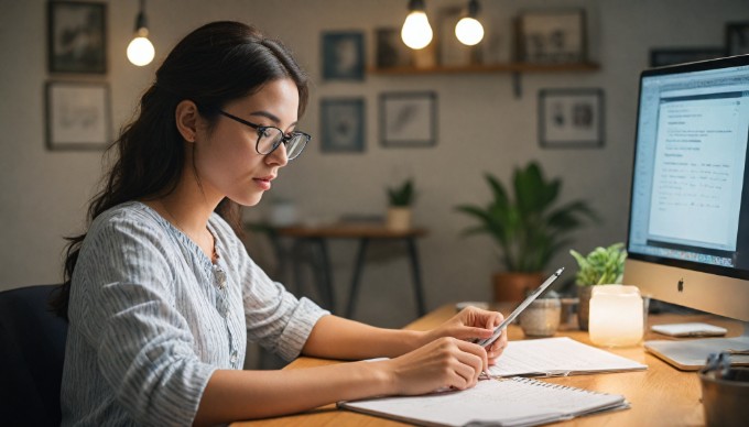 A close-up on a person conducting usability testing on a mobile app, with a notebook and pen beside them.