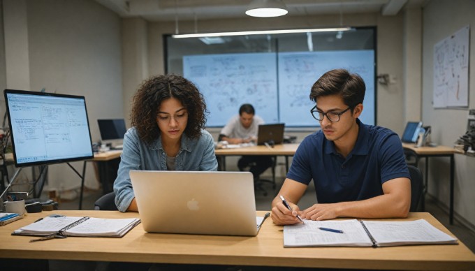 A designer conducting usability testing with a user interacting with a prototype on a laptop.