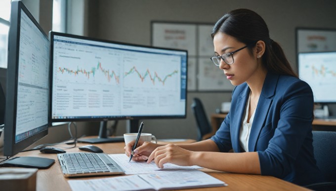 A professional examining user engagement analytics on a computer screen in a modern office setting.