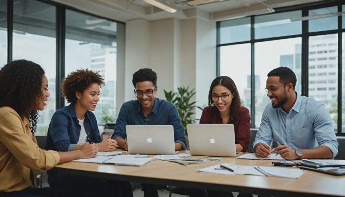 A diverse group of professionals engaging in a brainstorming session around a conference table, with laptops and notepads in front of them.