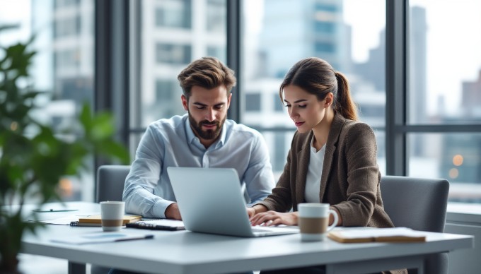 A professional setting showcasing two individuals engaged in a discussion about user experience optimization strategies at a modern office desk.