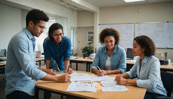 A focused team collaborating on user interface testing in a modern office setting.