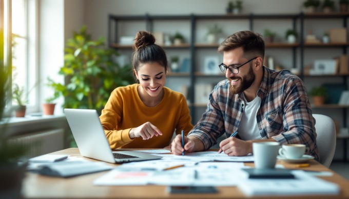 A professional setting showcasing two individuals collaborating on a UX project at a desk.