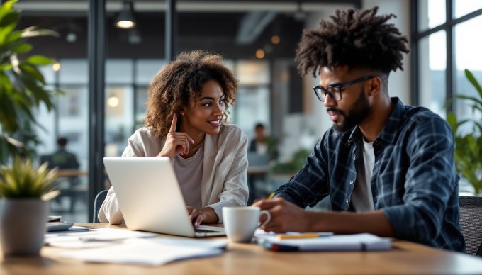 A professional setting with two designers collaborating over a UX design project, analyzing user feedback on a laptop.