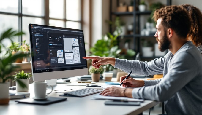 A professional setting where two individuals collaborate on a UX design project, focused on a computer screen with wireframes displayed.