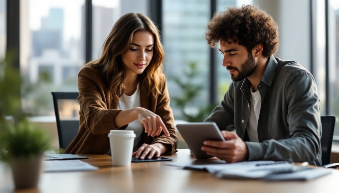 A professional setting showcasing two individuals engaged in a UX design discussion at a modern office desk.