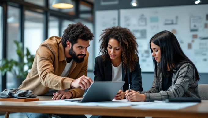 A team of UX designers collaborating on a project at a modern workspace.