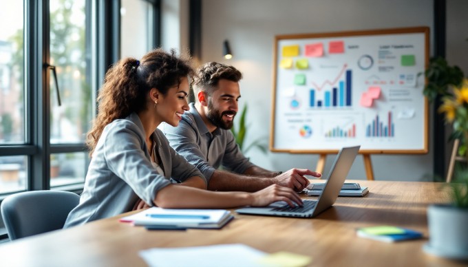 A team of two professionals collaborating on a UX design project, analyzing user feedback on a laptop in a modern office setting.